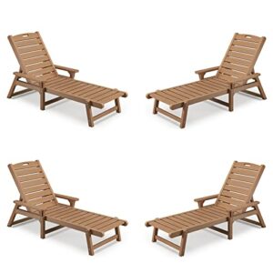 psilvam chaise lounges set of 4, lounge chairs with adjustable backrest, supports up to 350 lbs, all weather recliner poly lumber lounges bed for poolside, porch, patio(light brown) (4)