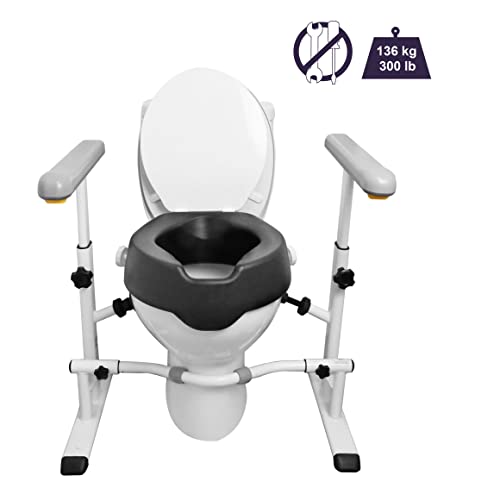 KMINA - Toilet Safety Rails with Raised Seat (Pack), 4 Inch Raised Toilet Seat with Handles for Elderly, Handicap Toilet Seat with Handles Over Toilet