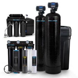 pro+aqua elite whole house water filter softener bundle with reverse osmosis drinking system for well water | removes 99% of iron, odor, chlorine, vocs, odors & contaminants