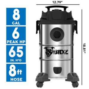 BIDZ 8 Gallons, Powerful 6 Peak HP Motor, 65'' Water Lift Suction Power, Heavy-Duty Stainless Steel Semi- Commercial Shop Vacuum System