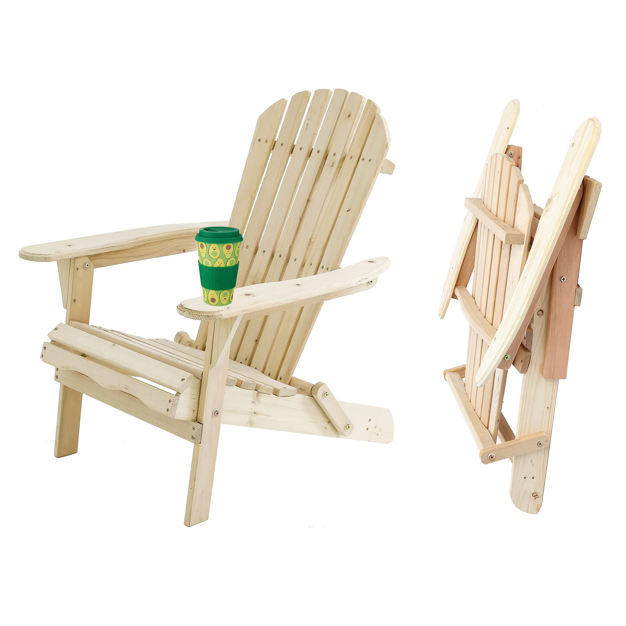 LuxenHome Folding Adirondack Chair, Lounge Chairs for Outside, Adirondack Chairs, Oversized Fire Pit Chair, Outdoor Lounge Chairs, Natural Fir Wood Lawn Chairs for Patio, Poolside, Garden, Backyard