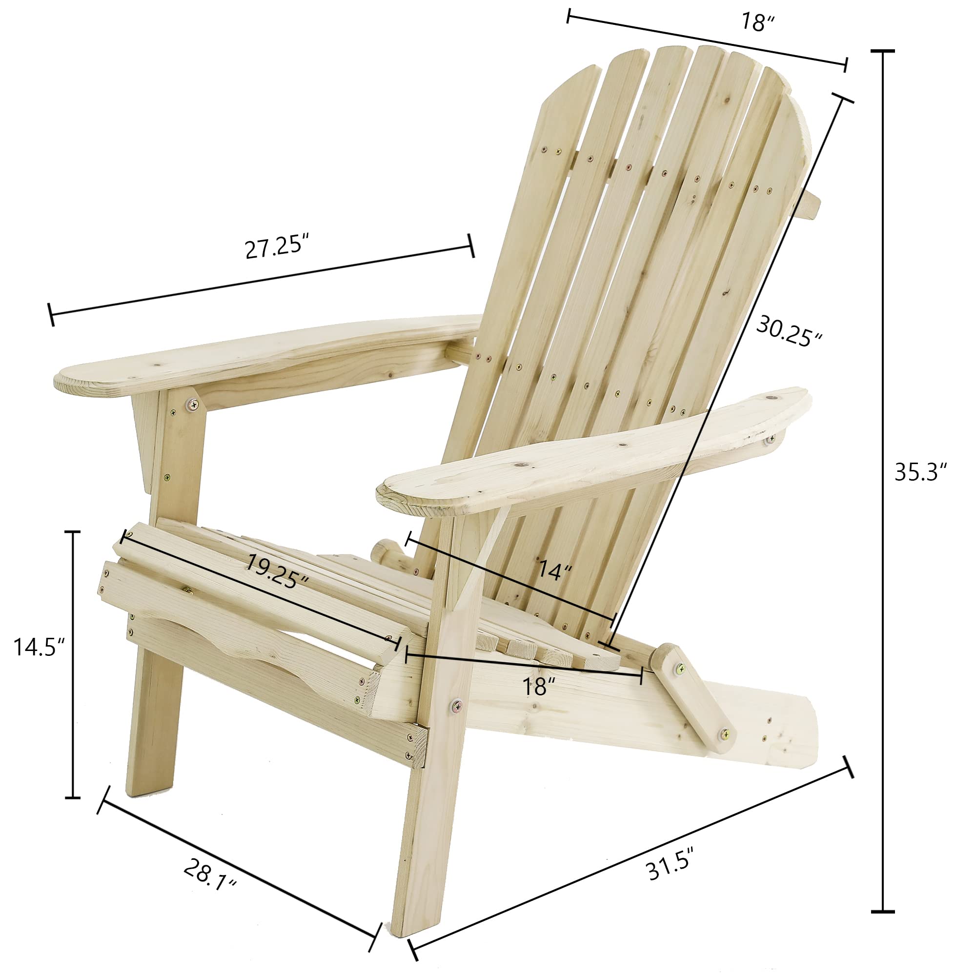 LuxenHome Folding Adirondack Chair, Lounge Chairs for Outside, Adirondack Chairs, Oversized Fire Pit Chair, Outdoor Lounge Chairs, Natural Fir Wood Lawn Chairs for Patio, Poolside, Garden, Backyard