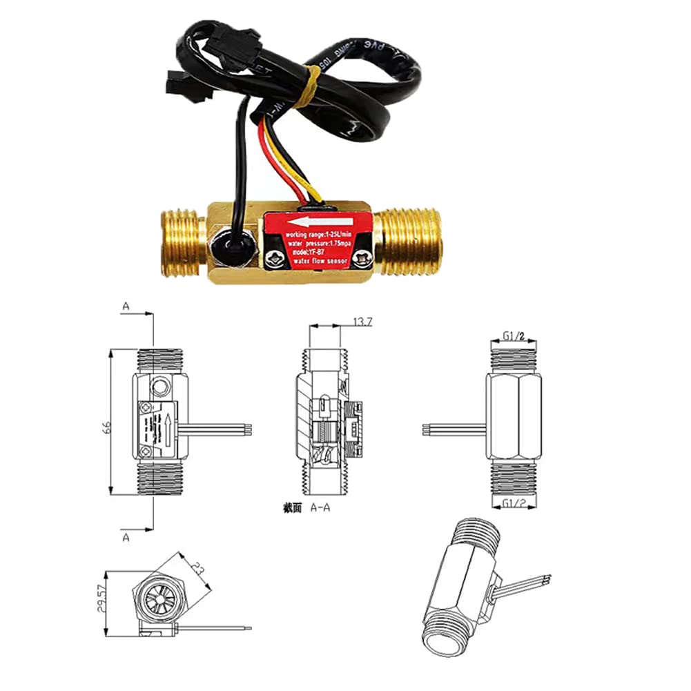 Water Flow Totalizer and Flow Rate Meter with Digital LCD Display +G1/2" Hall Effect Liquid Water Flowmeter Sensor-1-25L/min