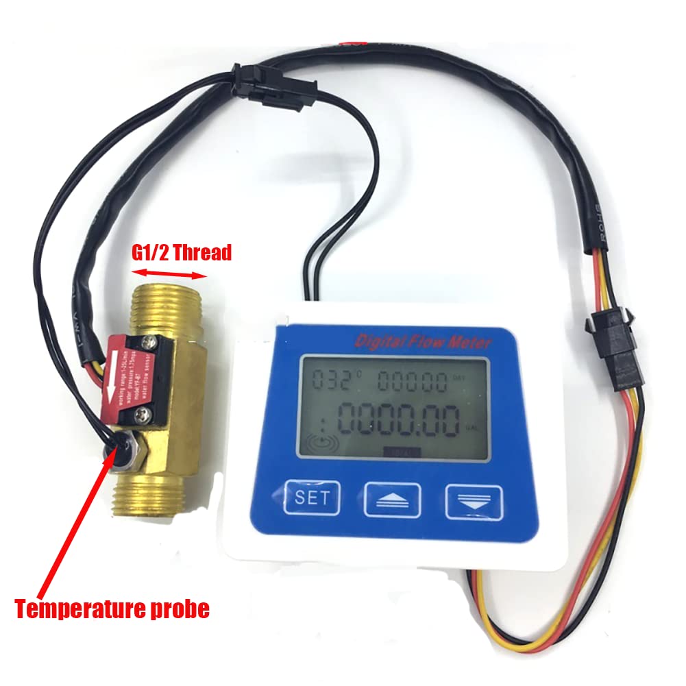 Water Flow Totalizer and Flow Rate Meter with Digital LCD Display +G1/2" Hall Effect Liquid Water Flowmeter Sensor-1-25L/min