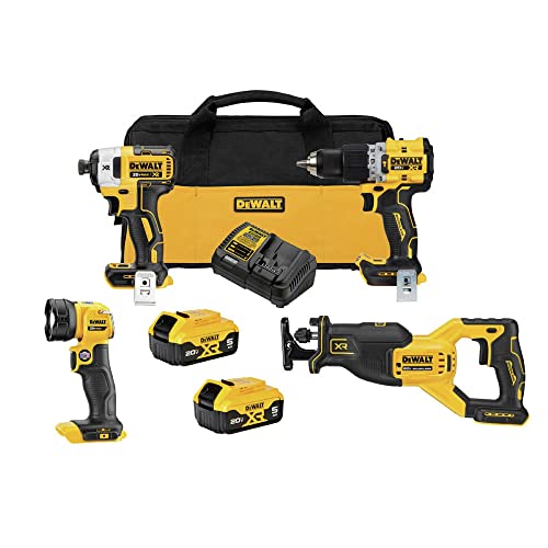 DEWALT 20V MAX XR Power Tools Combo Kit, Hammer Drill, Impact Driver, Reciprocating Saw, and Work Light, 4-TOOL (DCK449P2)