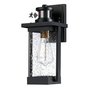 ptrworoa dusk to dawn motion sensor outdoor wall lights, black exterior wall sconce lantern lighting with seed glass, wall mounted light fixture for garage porch patio