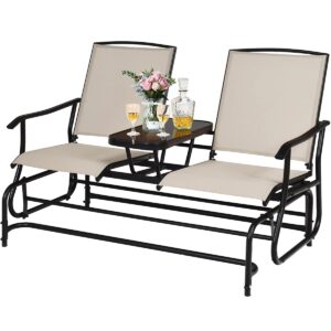 reuniong 2-person outdoor glider chair, patio glider bench loveseat w/tempered glass center table & sturdy metal frame, porch swing rocking chair for outside, balcony, garden, beige