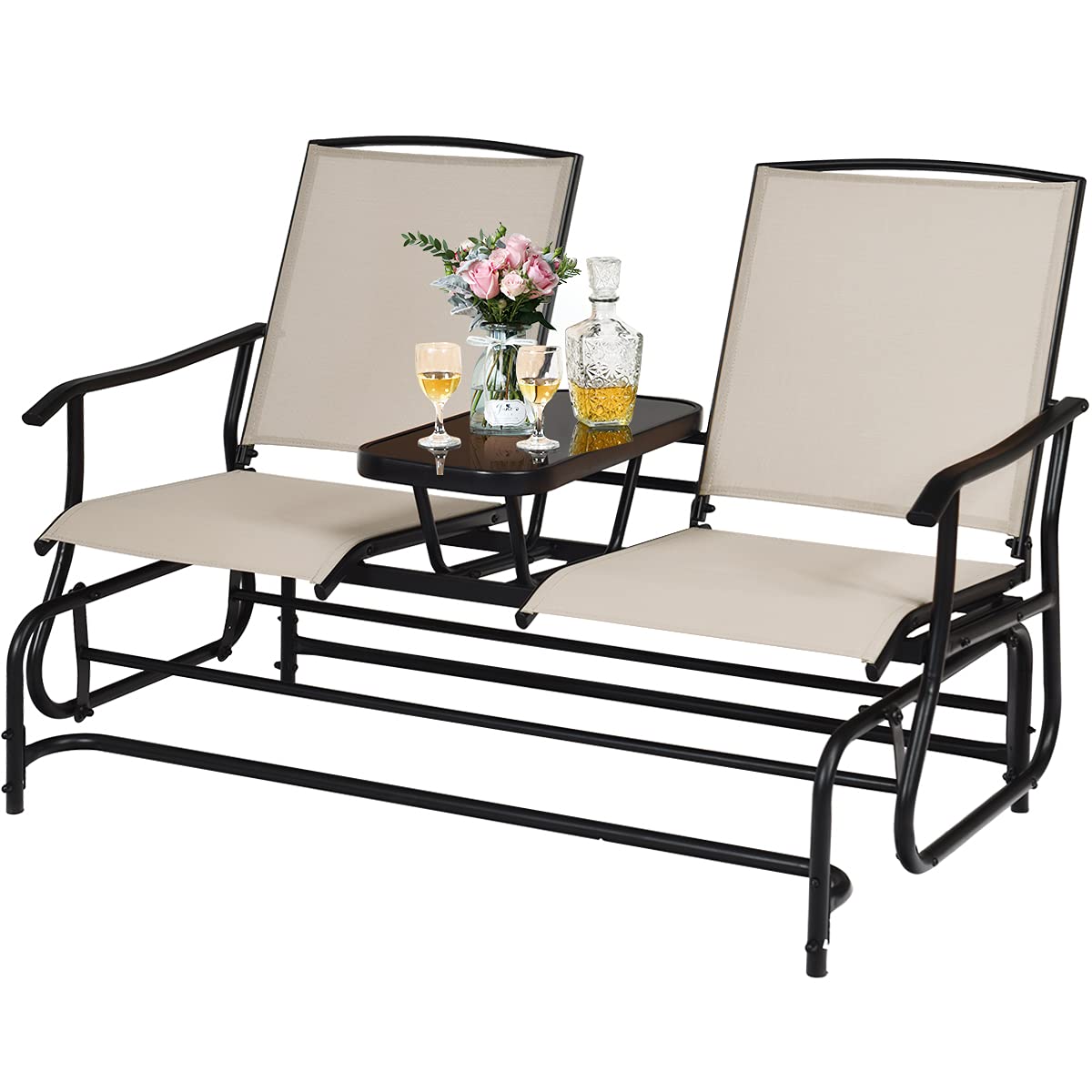 ReunionG 2-Person Outdoor Glider Chair, Patio Glider Bench Loveseat w/Tempered Glass Center Table & Sturdy Metal Frame, Porch Swing Rocking Chair for Outside, Balcony, Garden, Beige