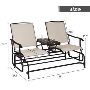 ReunionG 2-Person Outdoor Glider Chair, Patio Glider Bench Loveseat w/Tempered Glass Center Table & Sturdy Metal Frame, Porch Swing Rocking Chair for Outside, Balcony, Garden, Beige