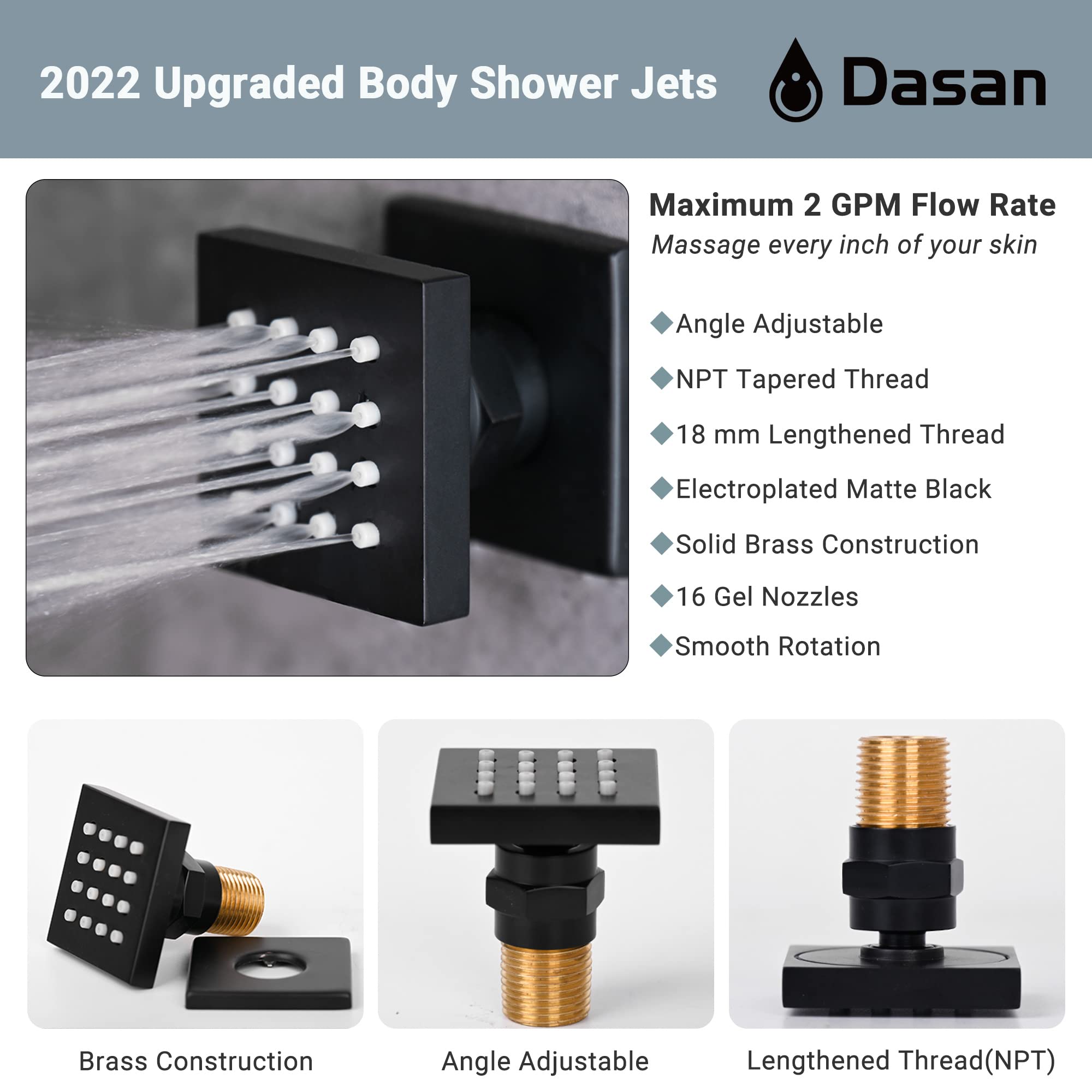 Matte Black Shower System with 4 PCS Shower Body Spray Jets & 12’’ Ceiling Shower Head & Handheld Spray, DASAN Full Body Shower Faucet System with Jets Rainfall Shower Combo Set, SA-SS03BMB-S12C