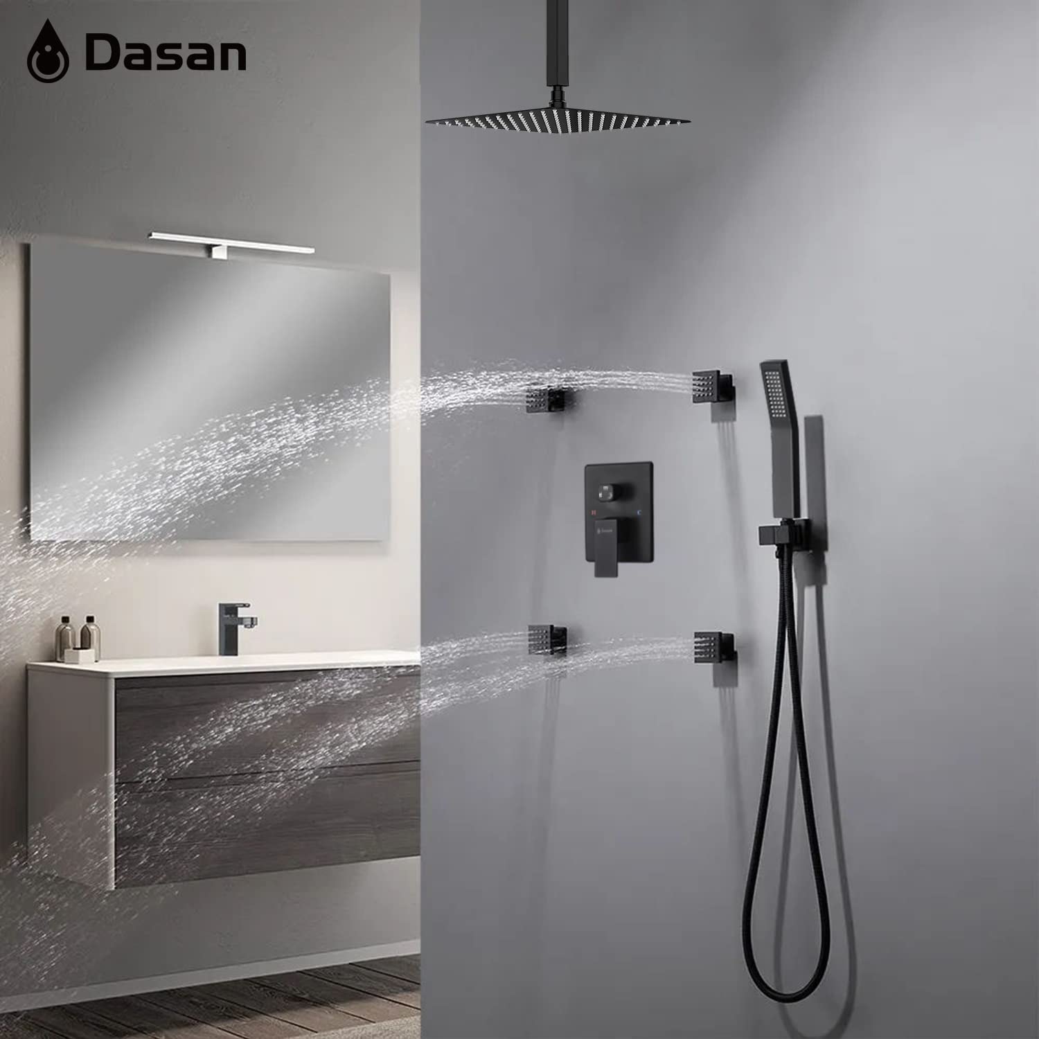 Matte Black Shower System with 4 PCS Shower Body Spray Jets & 12’’ Ceiling Shower Head & Handheld Spray, DASAN Full Body Shower Faucet System with Jets Rainfall Shower Combo Set, SA-SS03BMB-S12C