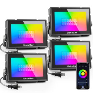 ustellar smart wifi led flood lights outdoor, rgb color changing stage landscape lighting with app group control, timing, alex, outdoor uplights ip66 spotlights for christmas halloween party, 4 pack