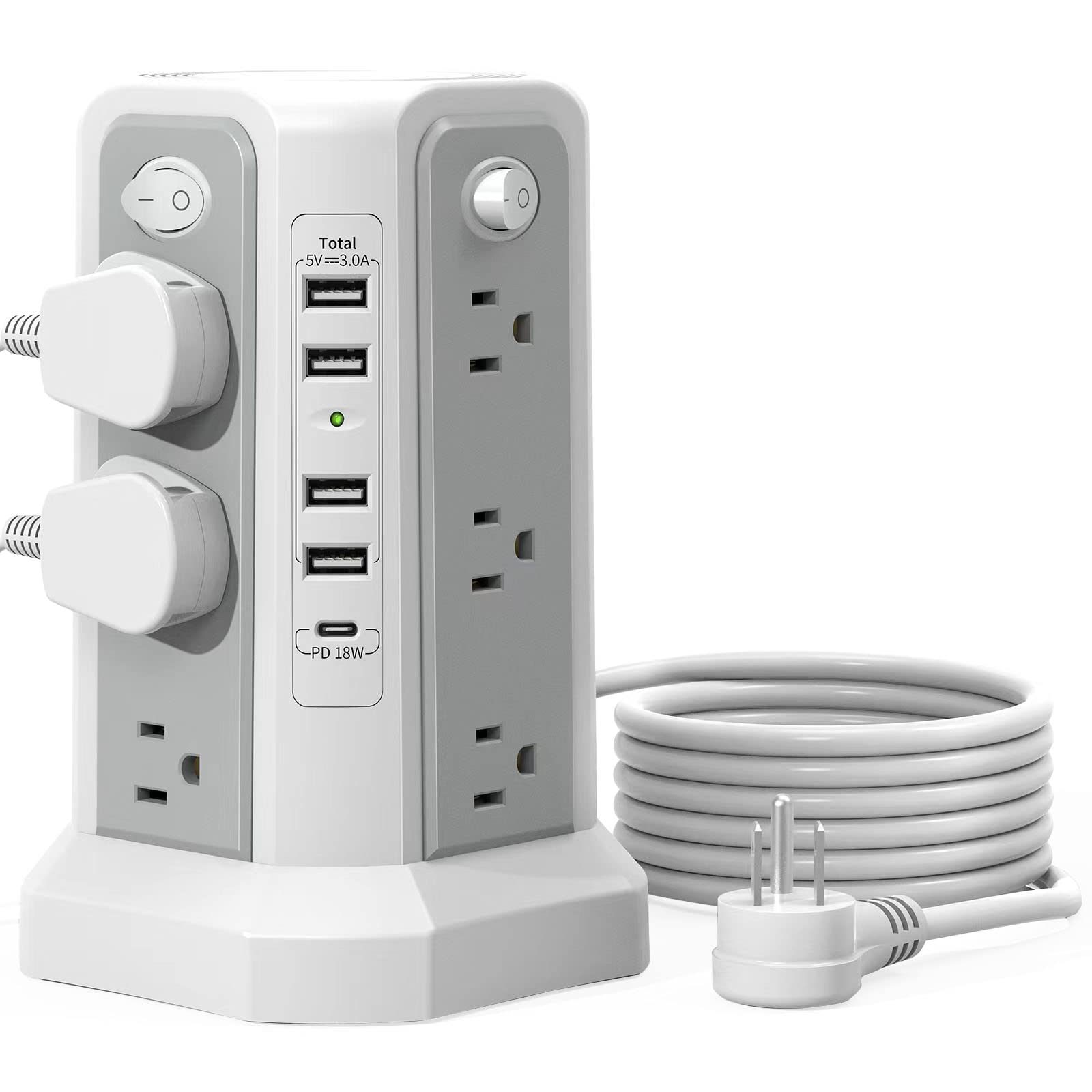 Surge Protector Power Strip Tower with USB C Port(PD18W),10FT Extension Cord with 12 AC Outlets 5 USB Charging Ports, PASSUS Power Tower Surge Protection for Home Office DormRoom