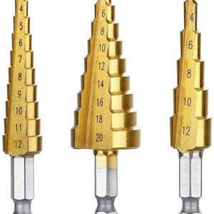 Yi-zhong 3 Pcs (Metric 3-12 mm 4-12 mm 4-20 mm) Step Drill Bit Set Titanium Coated, Hex Shank Quick Change HSS Cone Drill Bit For Multiple Hole Step Bits Metal, Plastic Wood DIY Woodworking,