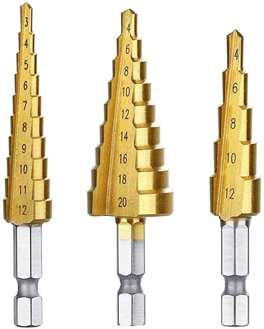 Yi-zhong 3 Pcs (Metric 3-12 mm 4-12 mm 4-20 mm) Step Drill Bit Set Titanium Coated, Hex Shank Quick Change HSS Cone Drill Bit For Multiple Hole Step Bits Metal, Plastic Wood DIY Woodworking,