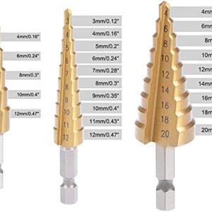 Yi-zhong 3 Pcs (Metric 3-12 mm 4-12 mm 4-20 mm) Step Drill Bit Set Titanium Coated, Hex Shank Quick Change HSS Cone Drill Bit For Multiple Hole Step Bits Metal, Plastic Wood DIY Woodworking,