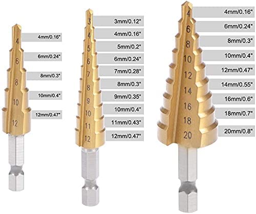 Yi-zhong 3 Pcs (Metric 3-12 mm 4-12 mm 4-20 mm) Step Drill Bit Set Titanium Coated, Hex Shank Quick Change HSS Cone Drill Bit For Multiple Hole Step Bits Metal, Plastic Wood DIY Woodworking,