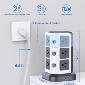 KOOSLA [65W] PD Power Strip Tower Surge Protector, USB C Desktop Charging Station with 12 Widely Spaced AC Outlets / 2 USB-C / 3 USB-A Ports, 6.5ft Heavy-Duty Extension Cord for Home Office Dorm…