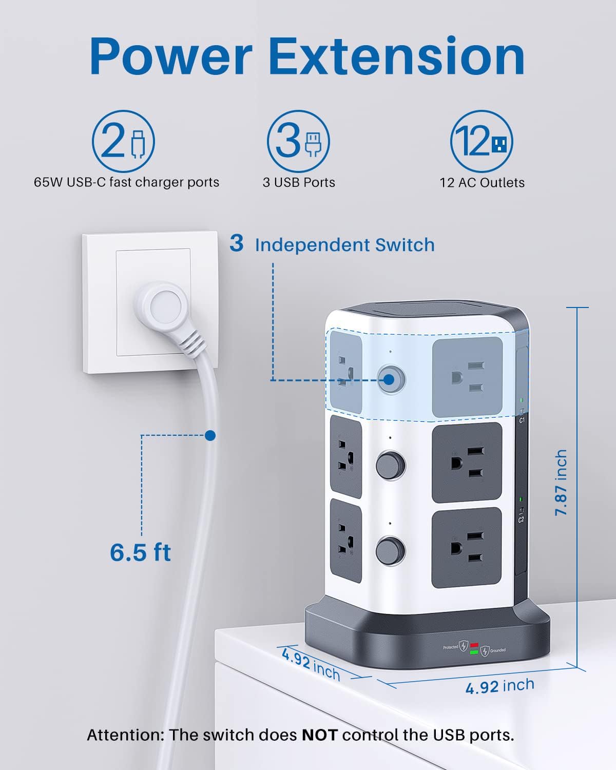 KOOSLA [65W] PD Power Strip Tower Surge Protector, USB C Desktop Charging Station with 12 Widely Spaced AC Outlets / 2 USB-C / 3 USB-A Ports, 6.5ft Heavy-Duty Extension Cord for Home Office Dorm…