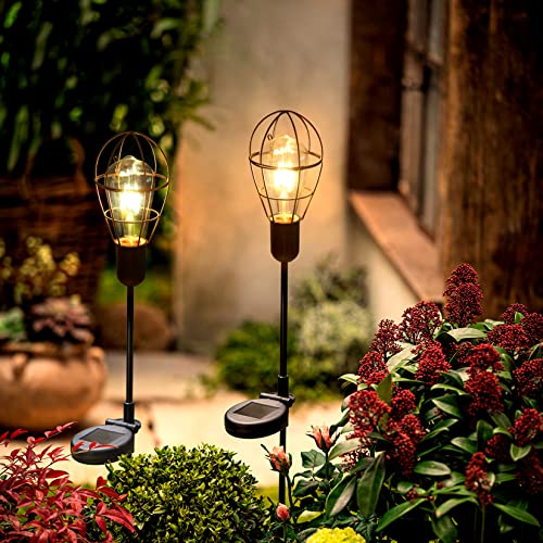 newvivid Pathway Solar Lights Outdoor with Metal Stakes Waterproof Edison Bulbs Solar Pathway Lights Metal Cage Lantern for Patio Backyard Courtyard Lawn Landscape Decor