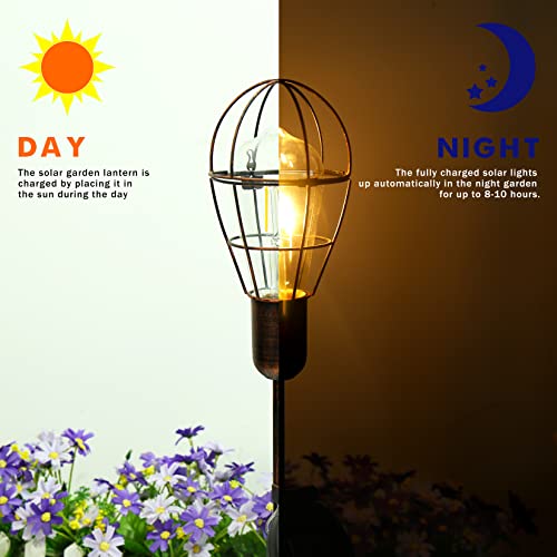 newvivid Pathway Solar Lights Outdoor with Metal Stakes Waterproof Edison Bulbs Solar Pathway Lights Metal Cage Lantern for Patio Backyard Courtyard Lawn Landscape Decor