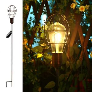 newvivid Pathway Solar Lights Outdoor with Metal Stakes Waterproof Edison Bulbs Solar Pathway Lights Metal Cage Lantern for Patio Backyard Courtyard Lawn Landscape Decor