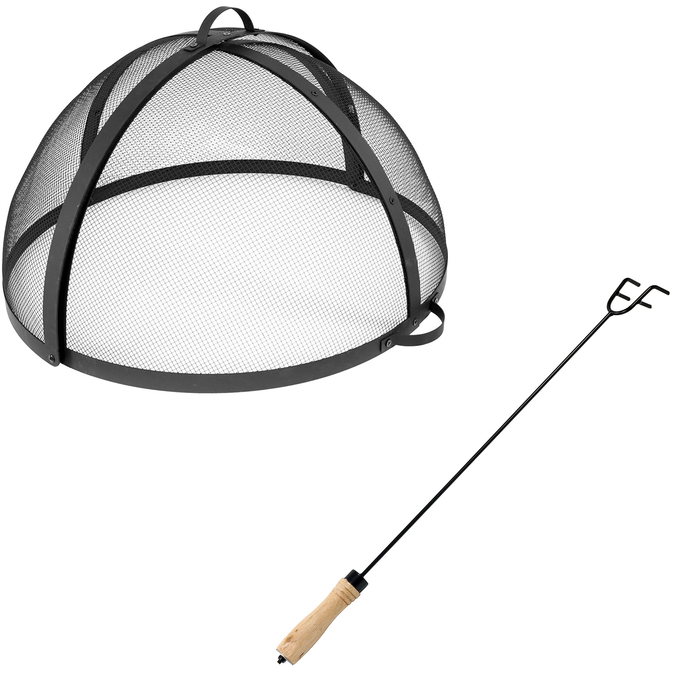 Sunnydaze 36" Easy-Opening Heavy-Duty Round Fire Pit Spark Screen Cover with Hinged Door and 26" Long Steel Fire Pit Poker Stick with Wood Handle Bundle.