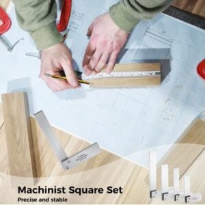 Machinist Square Set, 4-Piece High Precision Square Woodworking Wide Base Square Tool Right Angle Square L-Type Measuring Tool, 2-in, 3-in, 4-in & 5-in Squares