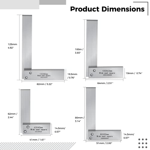 Machinist Square Set, 4-Piece High Precision Square Woodworking Wide Base Square Tool Right Angle Square L-Type Measuring Tool, 2-in, 3-in, 4-in & 5-in Squares