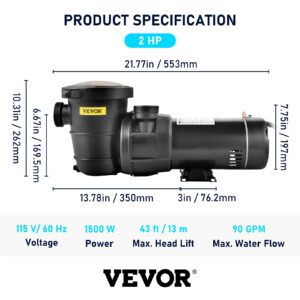 VEVOR Swimming Pool Pump, 2.0HP 115 V, 1500 W Single Speed Pumps for Above Ground Pool w/ Strainer Basket, 5400 GPH Max. Flow, Certification of ETL for Security