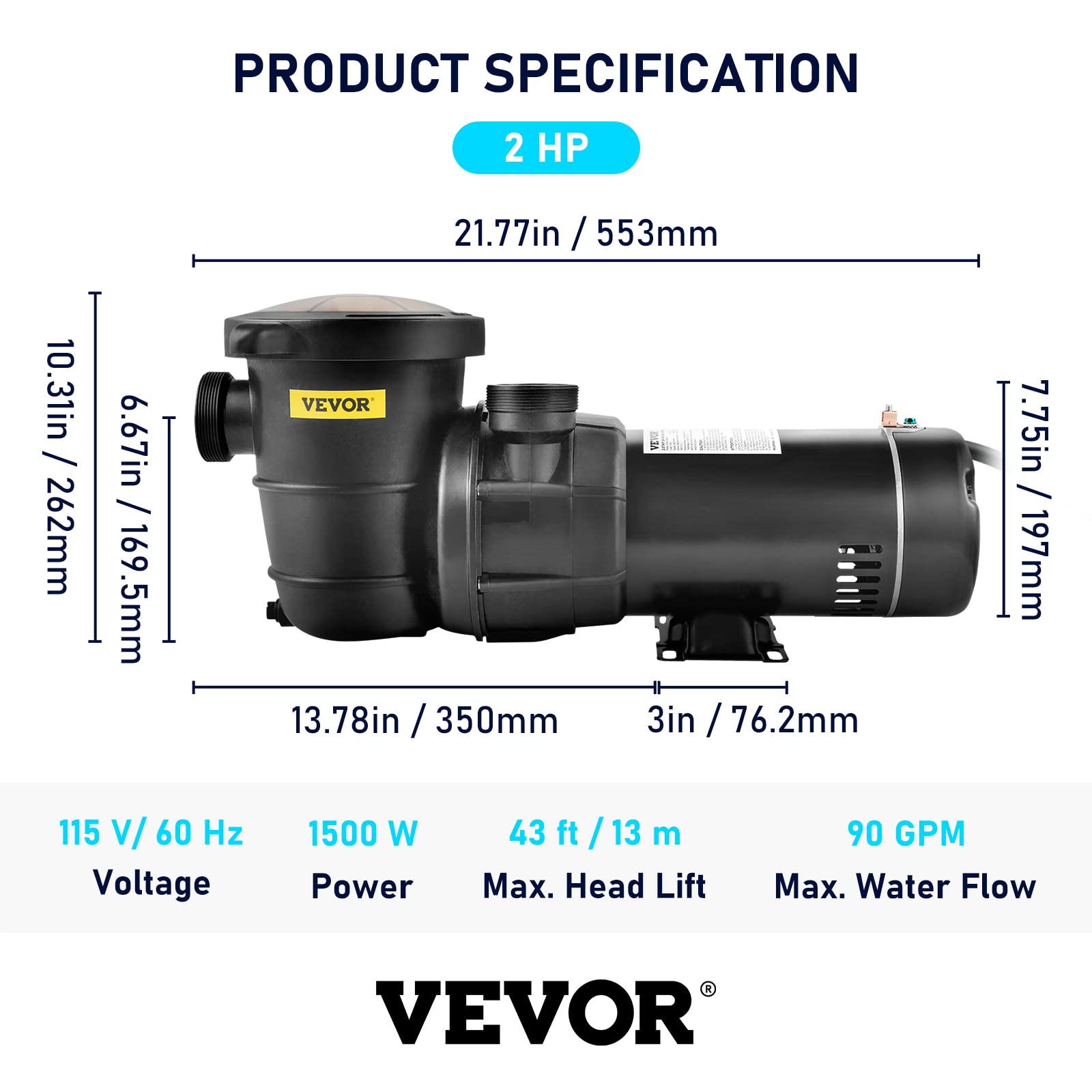 VEVOR Swimming Pool Pump, 2.0HP 115 V, 1500 W Single Speed Pumps for Above Ground Pool w/ Strainer Basket, 5400 GPH Max. Flow, Certification of ETL for Security