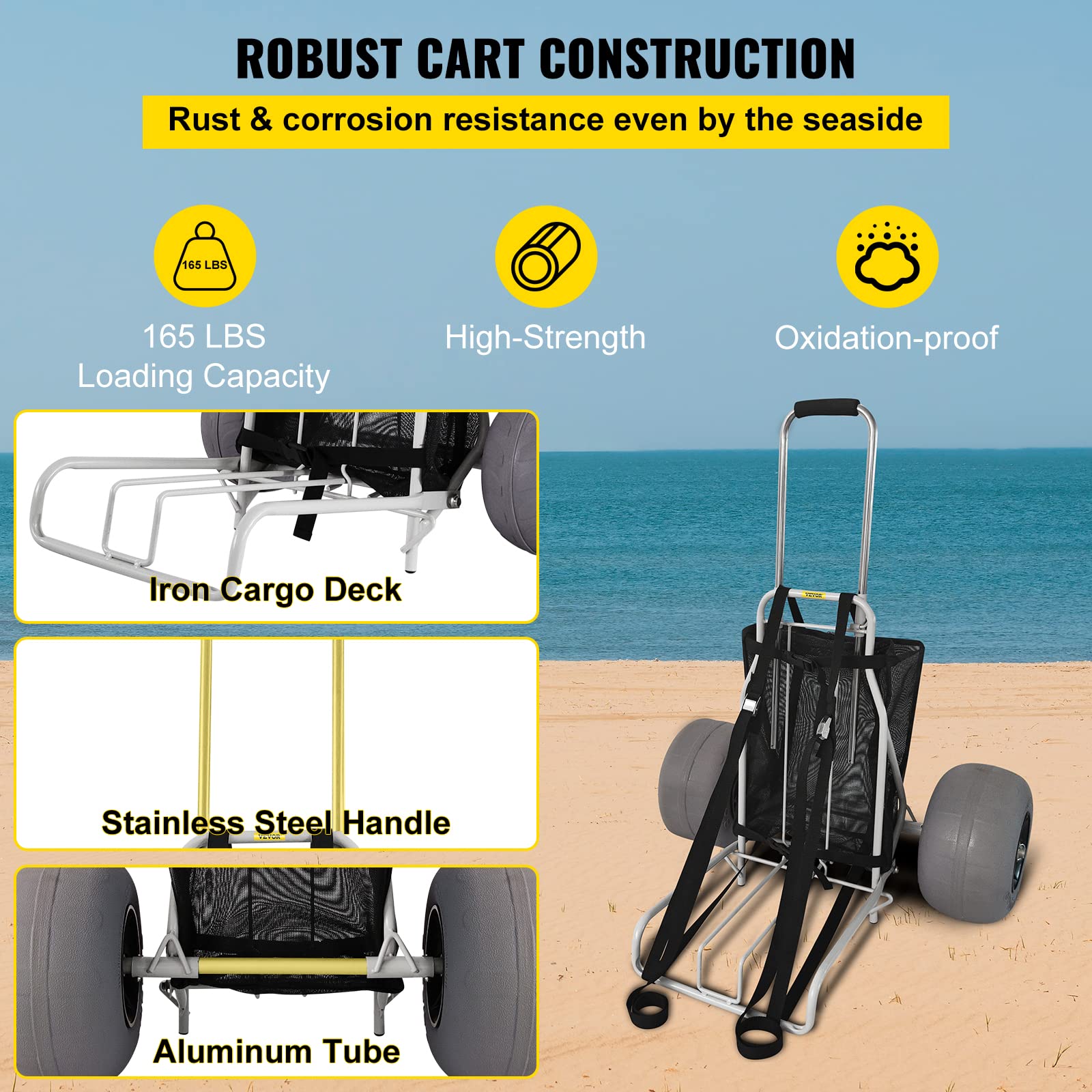 VEVOR Beach Carts for Sand, 14" x 14.7" Cargo Deck, w/ 13" TPU Balloon Wheels, 165LBS Loading Capacity Folding Sand Cart & 29.5" to 49.2" Adjustable Height, Heavy Duty Cart for Picnic, Fishing, Beach