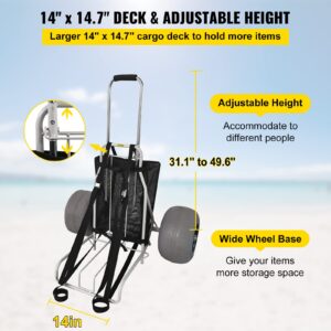 VEVOR Beach Carts for Sand, 14" x 14.7" Cargo Deck, w/ 13" TPU Balloon Wheels, 165LBS Loading Capacity Folding Sand Cart & 29.5" to 49.2" Adjustable Height, Heavy Duty Cart for Picnic, Fishing, Beach