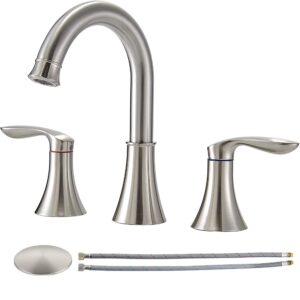 friho modern 2 handle 3 hole brushed nickel widespread bathroom faucet, 8 inch lavatory vanity swivel spout bathroom sink faucet with water supply hoses and pop up drain