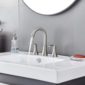 Friho Modern 2 Handle 3 Hole Brushed Nickel Widespread Bathroom Faucet, 8 inch Lavatory Vanity Swivel Spout Bathroom Sink Faucet with Water Supply Hoses and Pop Up Drain