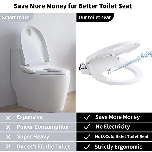 Toilet Seat Bidet Attachment, PHflo Manual Bidet Toilet Seat, Non-electric Bidet Seat Fits Round Toilets,Ambient Water Temperature,Dual Nozzle with Quick-Release Removable for Cleaning