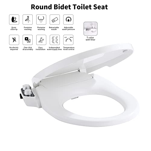 Toilet Seat Bidet Attachment, PHflo Manual Bidet Toilet Seat, Non-electric Bidet Seat Fits Round Toilets,Ambient Water Temperature,Dual Nozzle with Quick-Release Removable for Cleaning