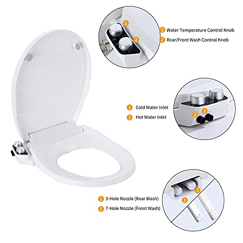 Toilet Seat Bidet Attachment, PHflo Manual Bidet Toilet Seat, Non-electric Bidet Seat Fits Round Toilets,Ambient Water Temperature,Dual Nozzle with Quick-Release Removable for Cleaning