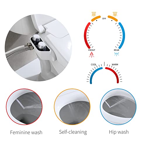 Toilet Seat Bidet Attachment, PHflo Manual Bidet Toilet Seat, Non-electric Bidet Seat Fits Round Toilets,Ambient Water Temperature,Dual Nozzle with Quick-Release Removable for Cleaning