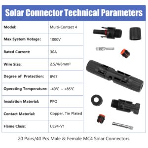 PRECIHW 50PCS Solar Connector, 25 Pairs Solar Panel Connectors, Multi-Contact 4 Connectors, IP67 1000V 30A Waterproof Male/Female Solar Panel Cable Connectors for 2.5/4/6mm² with 2 Pack Wrenches