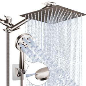 shower head brushed nickel, 10" high pressure rain shower head and 6 spray settings handheld shower head combo, built-in power wash, with 11’’ extension arm/60" hose, height/angle adjustable