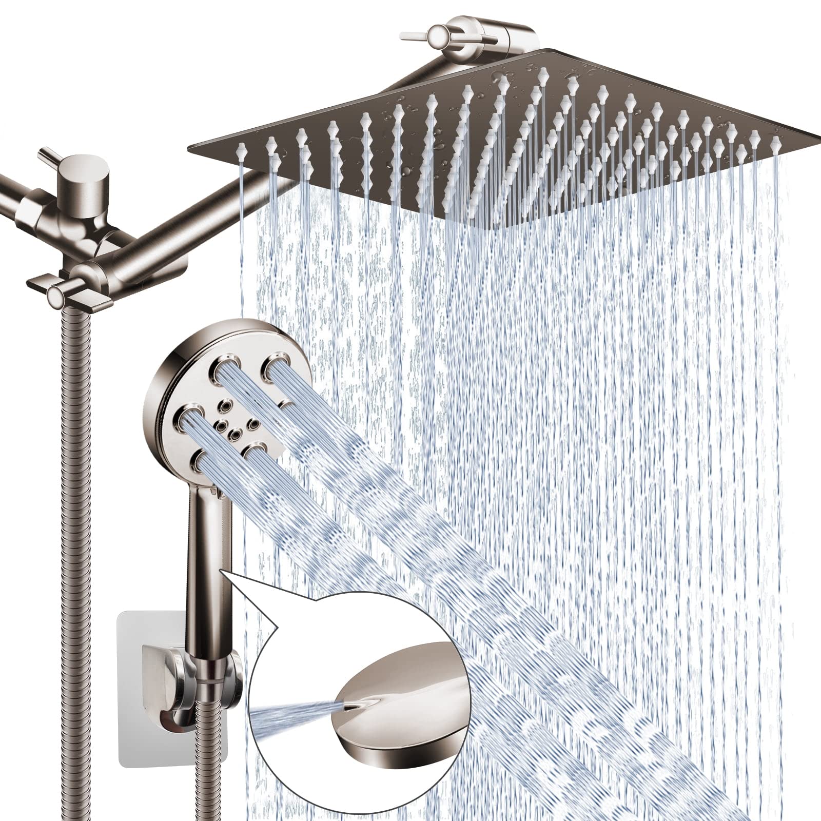 Shower Head Brushed Nickel, 10" High Pressure Rain Shower Head and 6 Spray Settings Handheld Shower Head Combo, Built-in Power Wash, with 11’’ Extension Arm/60" Hose, Height/Angle Adjustable