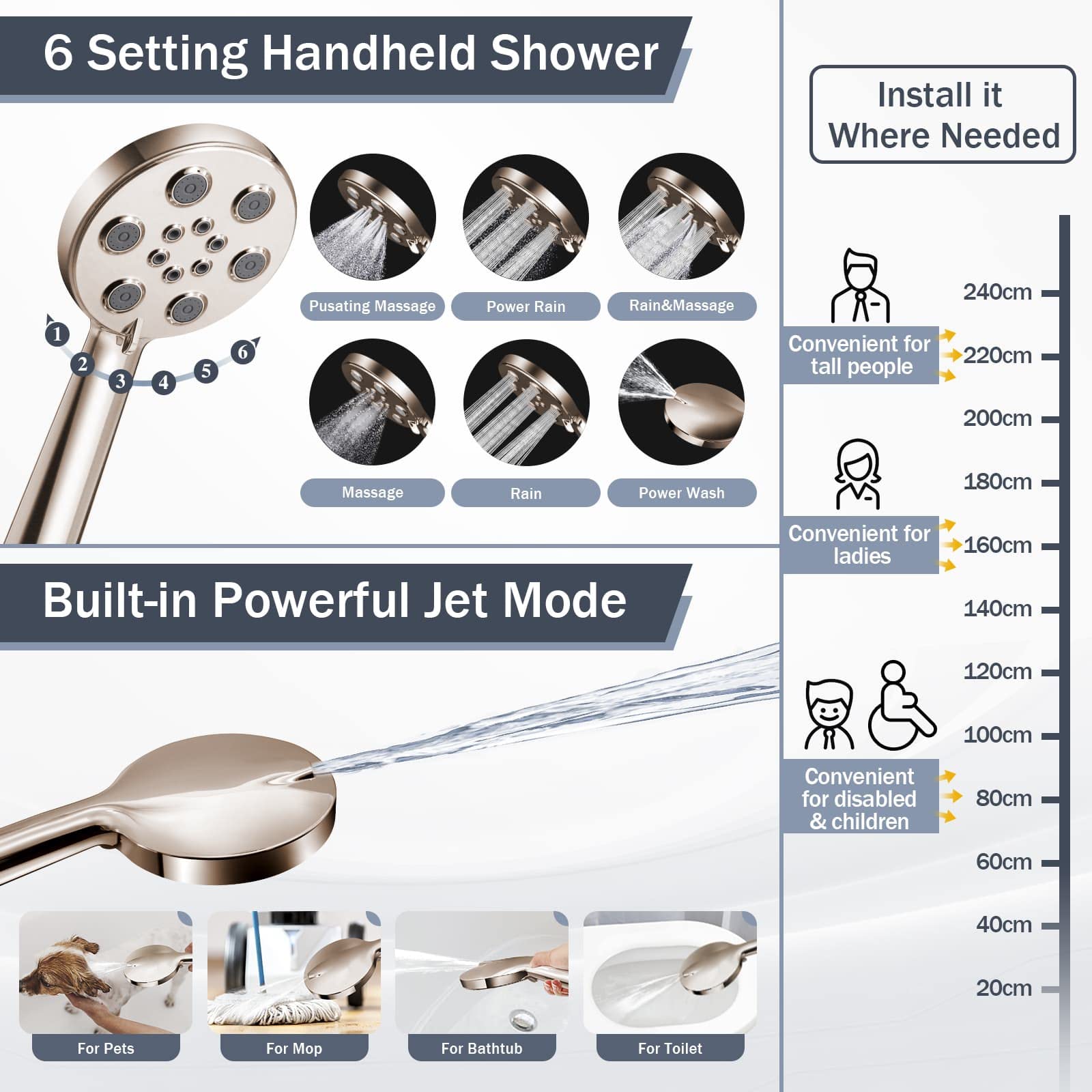 Shower Head Brushed Nickel, 10" High Pressure Rain Shower Head and 6 Spray Settings Handheld Shower Head Combo, Built-in Power Wash, with 11’’ Extension Arm/60" Hose, Height/Angle Adjustable