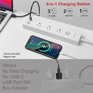 ASOUNUSE Smart Power Strip, 65W USB C Charger for iphone15/14, MacBook and Samsung, Fast Charging Station with 2 USB C, 1 USB A Ports and 3 Smart Outlets, Works with App, Alexa, Google Home & Siri.