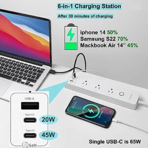 ASOUNUSE Smart Power Strip, 65W USB C Charger for iphone15/14, MacBook and Samsung, Fast Charging Station with 2 USB C, 1 USB A Ports and 3 Smart Outlets, Works with App, Alexa, Google Home & Siri.