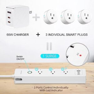 ASOUNUSE Smart Power Strip, 65W USB C Charger for iphone15/14, MacBook and Samsung, Fast Charging Station with 2 USB C, 1 USB A Ports and 3 Smart Outlets, Works with App, Alexa, Google Home & Siri.