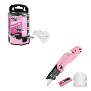 workpro 100-pack utility blades replacement with dispenser and pink folding utility knife with 10 extra blades
