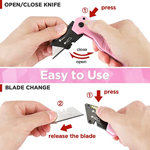 WORKPRO 100-Pack Utility Blades Replacement with Dispenser and Pink Folding Utility Knife with 10 Extra Blades