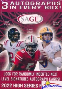 2022 sage hit football high series factory sealed blaster box with (3) autographs & (60) rookie cards with (10) parallels! look for rc & autos of top 2022 football draft picks & future picks! wowzzer!