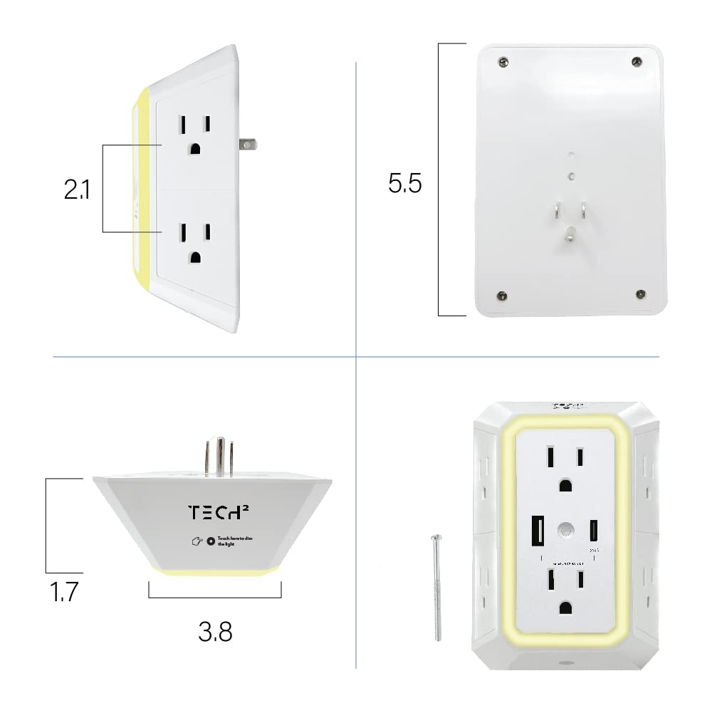 Tech2 Multi Plug Surge Protector with Night Light, 6 Outlets & 2 USB Ports A and USB C 2.4A Total, ETL Certified Adapter for Home, School, or Office